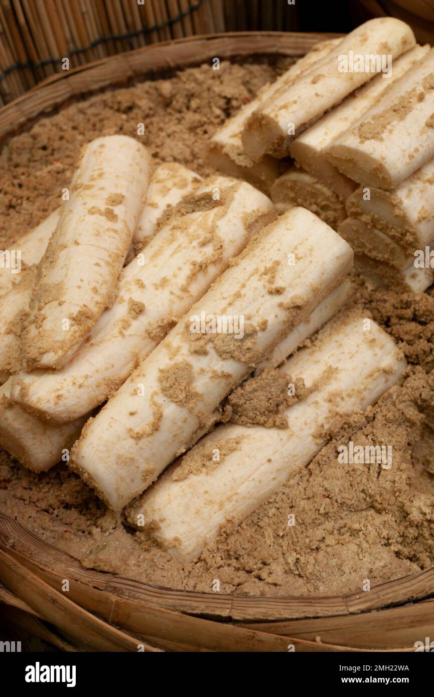Fermented nukazuke pickles in rice bran for sale at the Nishiki Market