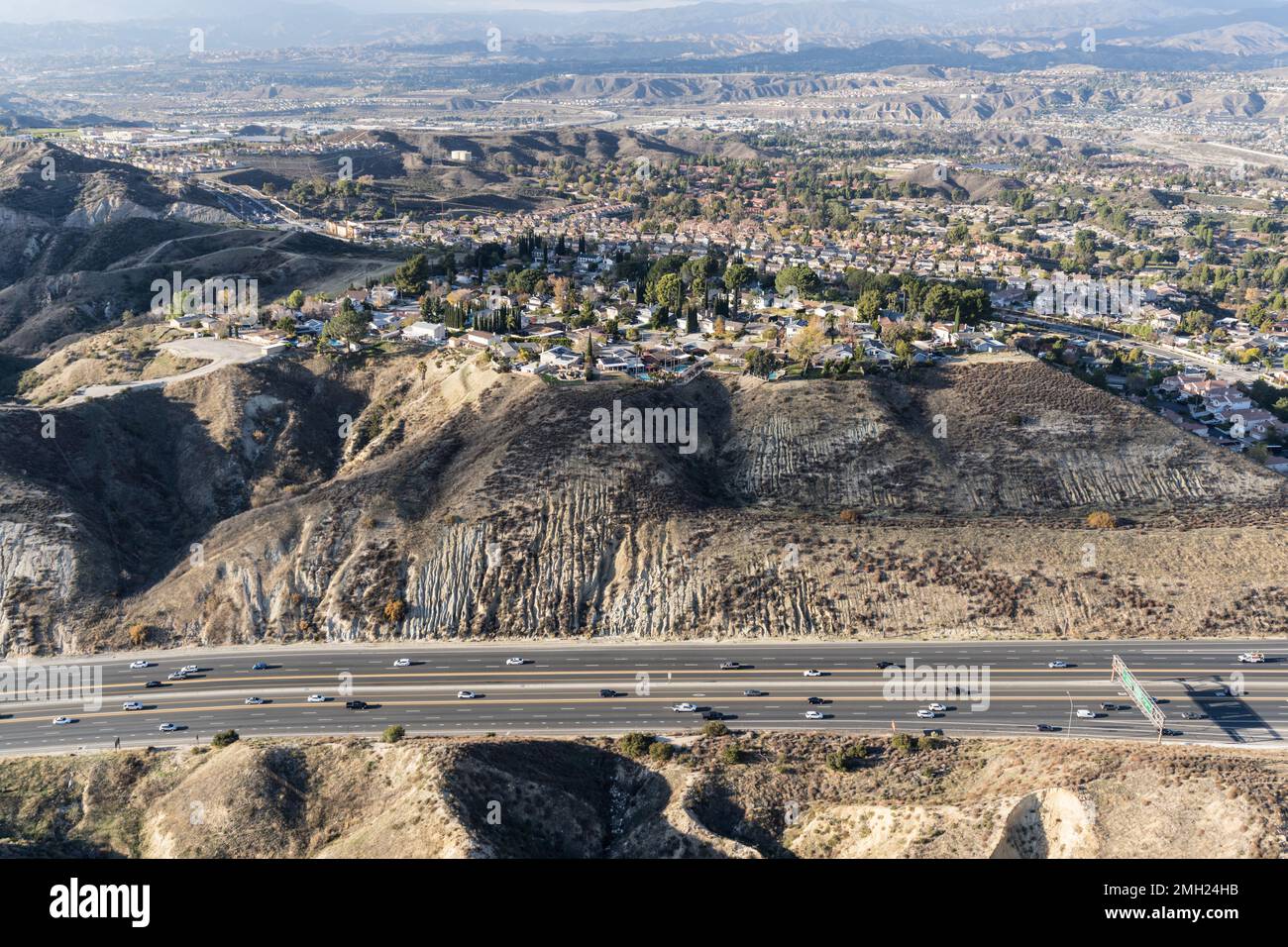 Aerial view of sprawling Santa Clarita and the 14 freeway north of Los