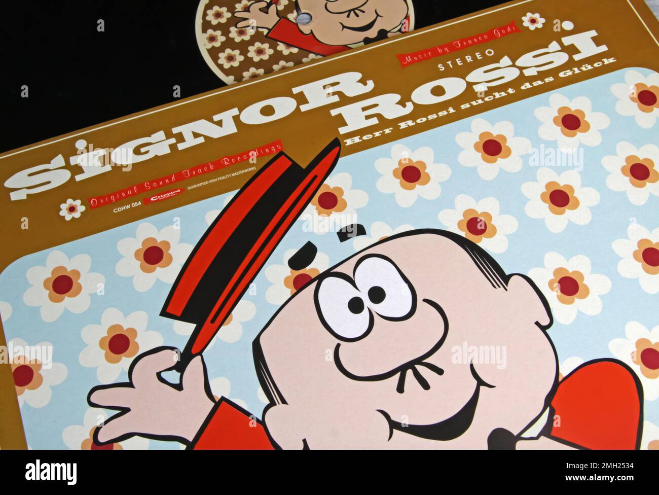 Viersen, Germany - January 9. 2023: Closeup of vinyl record cover of signor mr rossy cartoon character tv music of italian animator Bruno Bozzetto Stock Photo