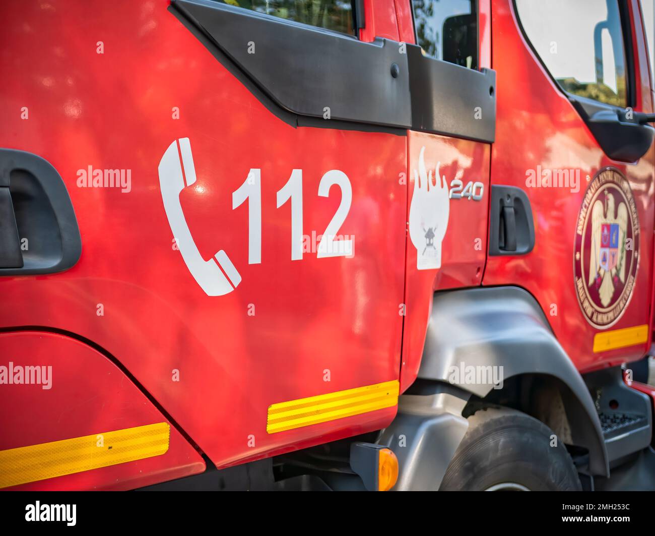 Bucharest, Romania - 10.07.2022:112 emergency number on a fire fighter car Stock Photo