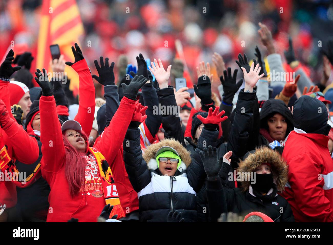 Kansas City Chiefs fans celebrate during a Super Bowl rally in Kansas