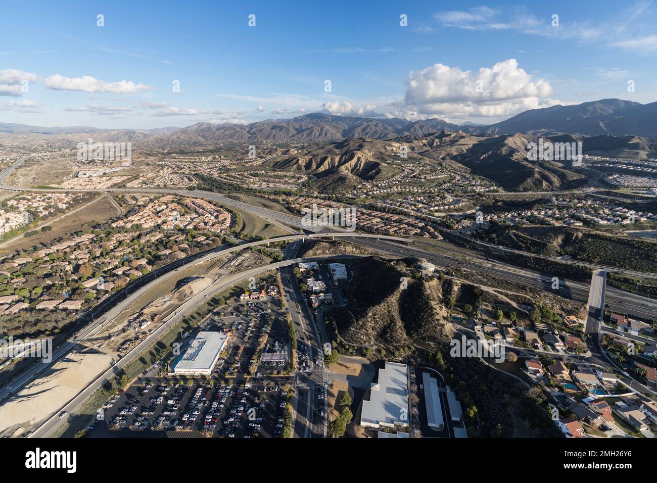 Aerial cityscape view of suburban sprawl north of Los Angeles in Santa Clarita California. Stock Photo