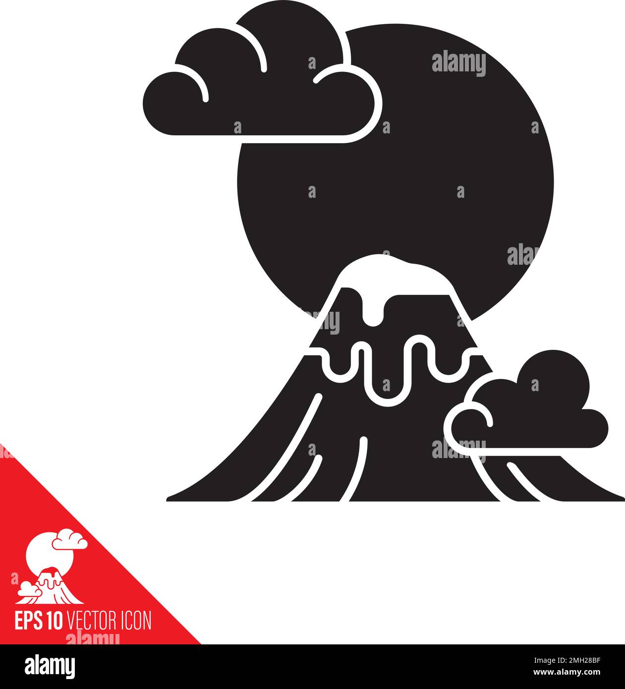 Mount Fuji at Japan vector icon with clouds and sun. Nature appreciation symbol. Stock Vector