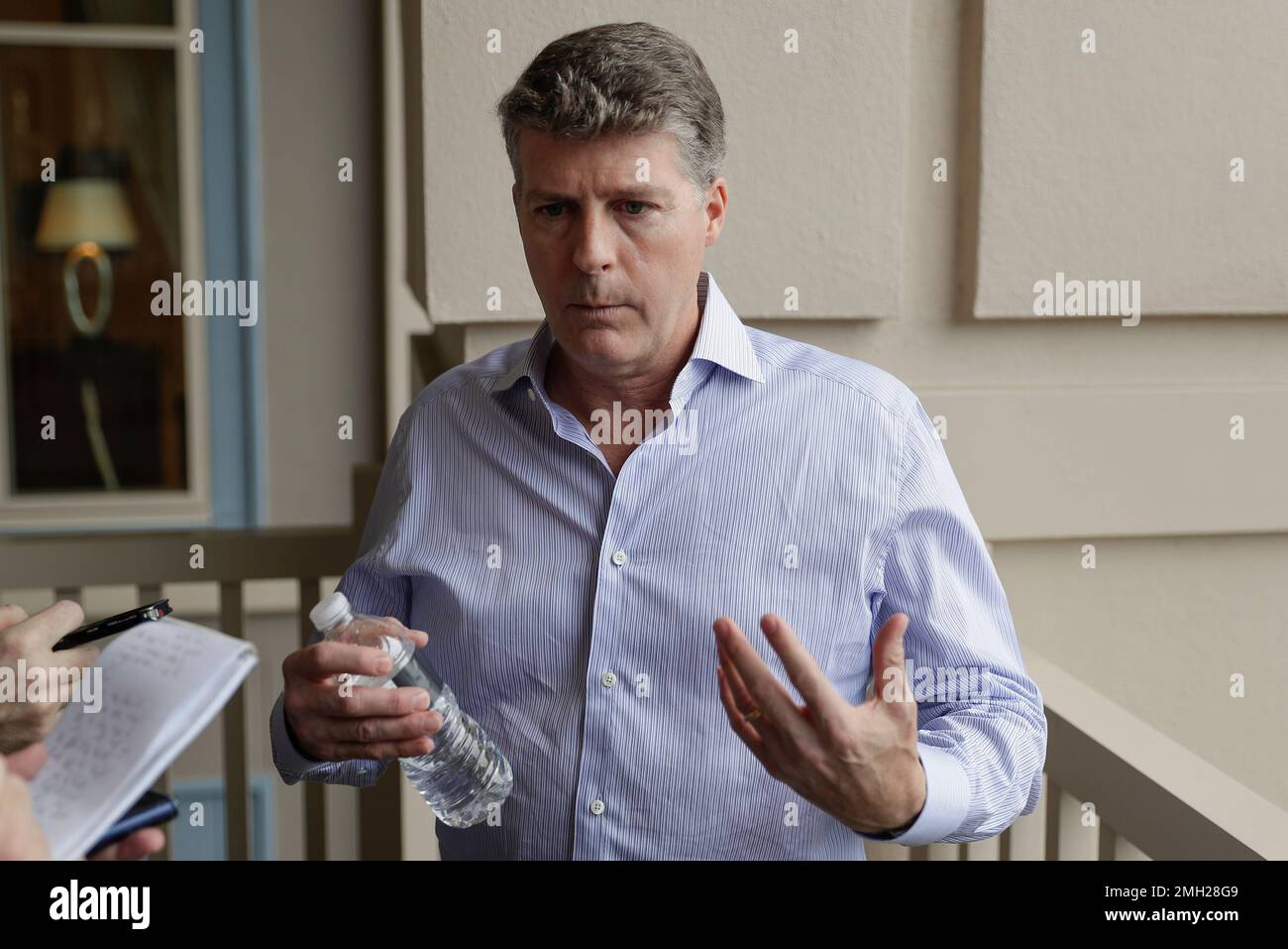 Hal Steinbrenner, principal owner of the New York Yankees, talks with