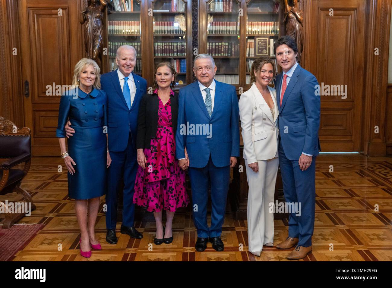 President Joe Biden and First Lady Jill Biden pose for photos with Mexican President Andres Manuel Lopez Obrador, his wife Dr. Beatriz Gutiérrez Müller, Canadian Prime Minister Justin Trudeau and his wife Sophie Gregoire Trudeau, Tuesday, January 10, 2023, in the President’s Office at the National Palace in Mexico City. (Official White House Photo by Adam Schultz) Stock Photo