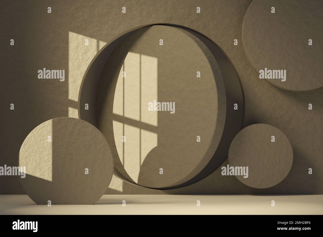 Wall Elements Rendering Plaster textured wall with circular elements sunlit through window. 3d ...