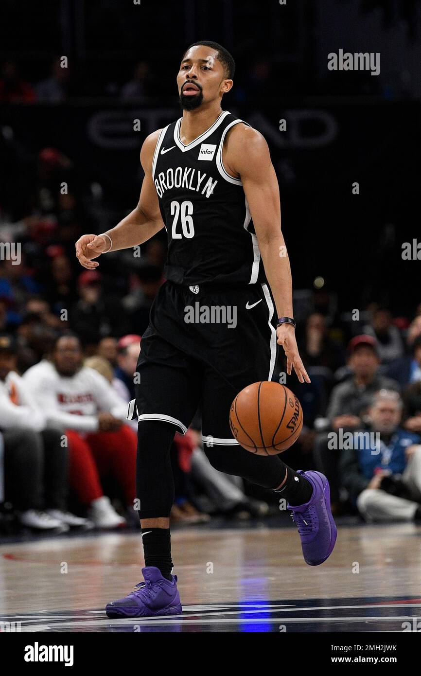 Washington Wizards guard Spencer Dinwiddie (26) in action during the first  half of an NBA basketball game against the Oklahoma City Thunder, Tuesday,  Jan. 11, 2022, in Washington. (AP Photo/Nick Wass Stock