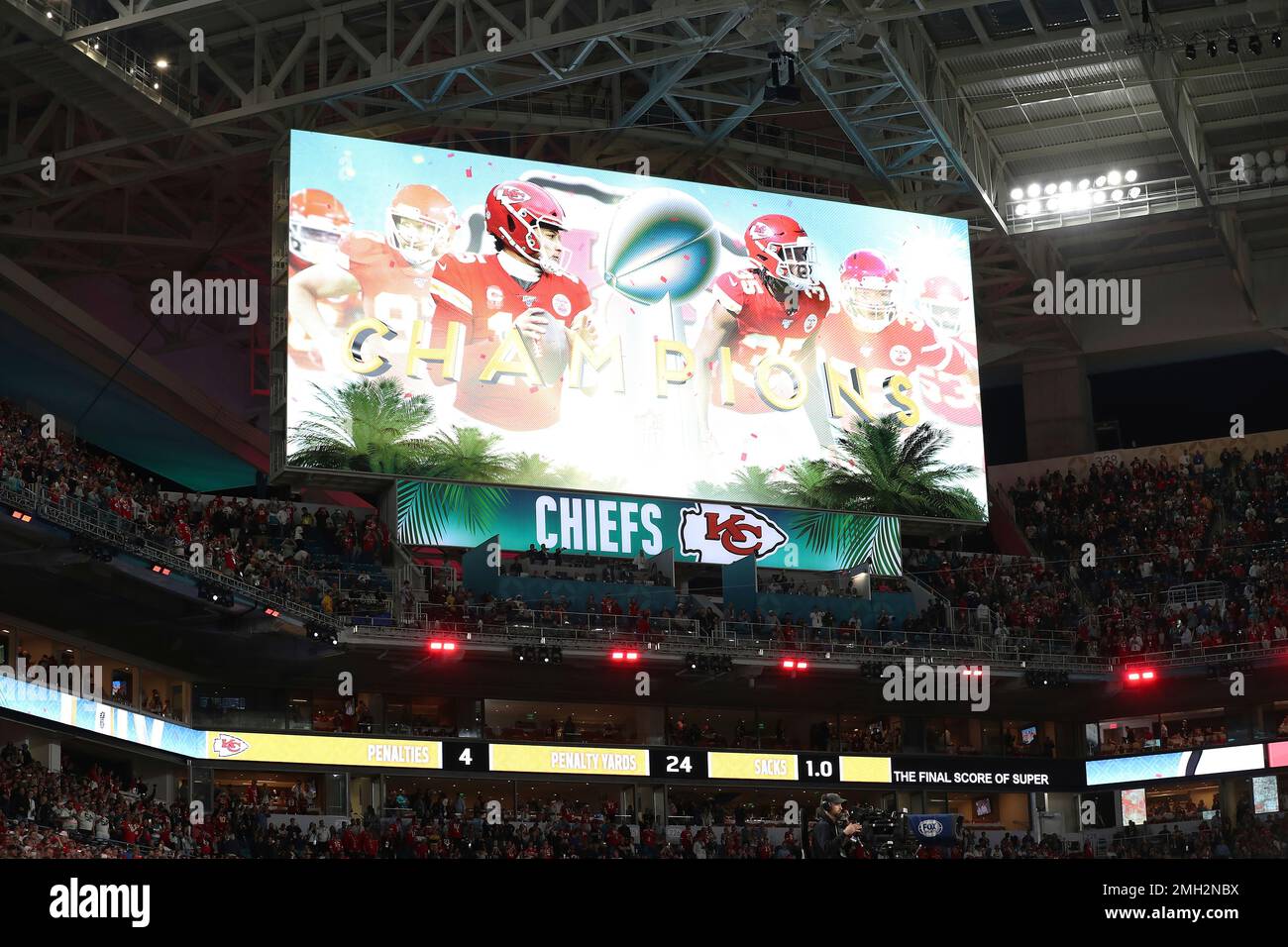 The scoreboard displays an image celebrating the Kansas City Chiefs as