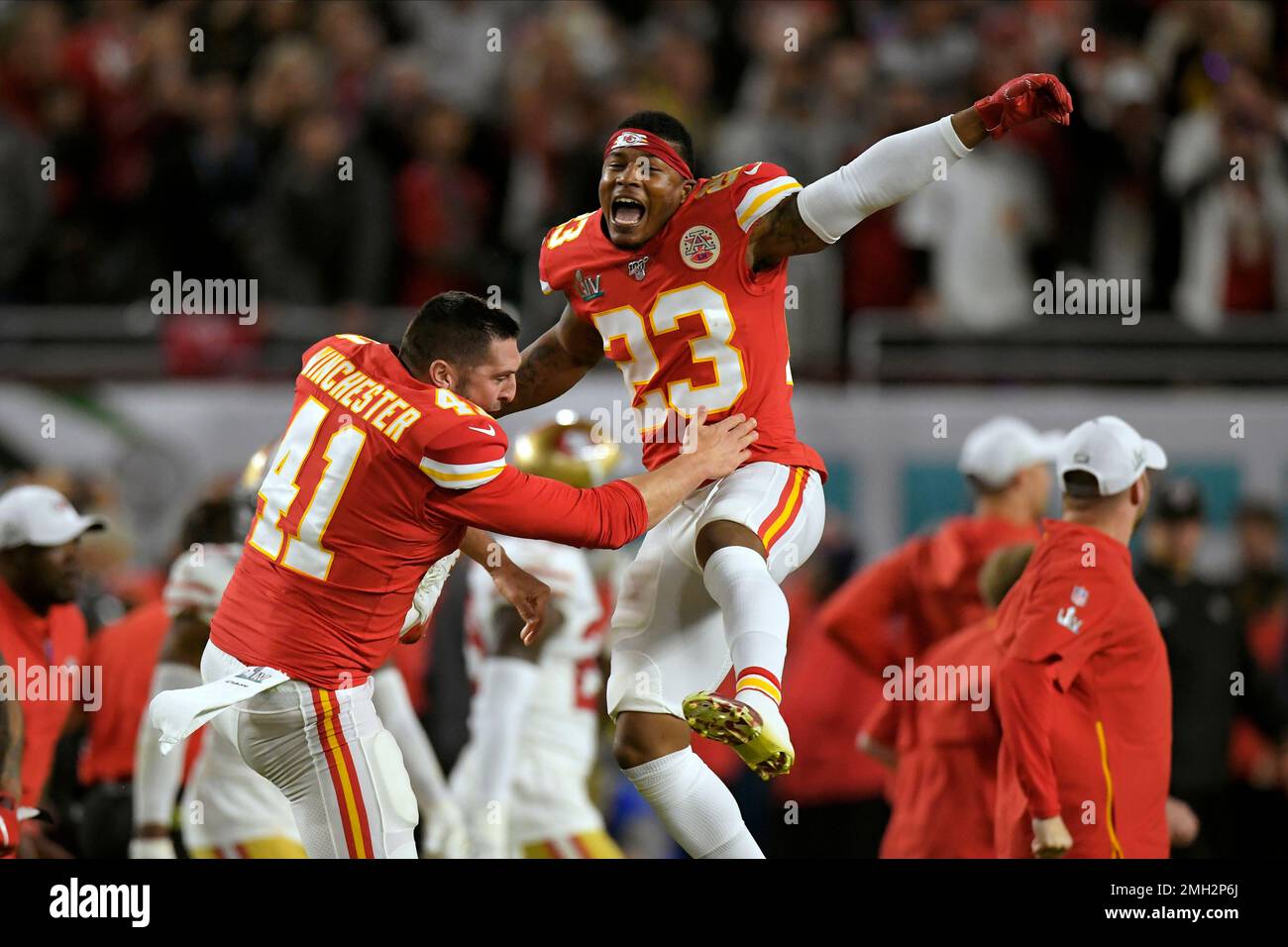 Kansas City Chiefs' James Winchester, left, and Armani Watts celebrate  after defeating the San Francisco 49ers in the NFL Super Bowl 54 football  game Sunday, Feb. 2, 2020, in Miami Gardens, Fla. (
