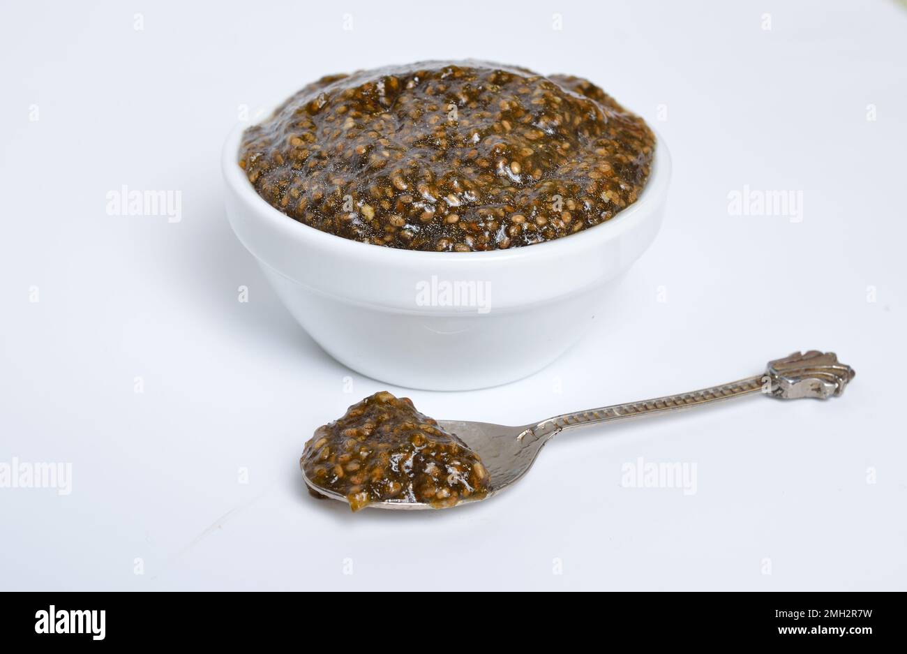 Chia seeds caviar with laminaria on white background Stock Photo Alamy