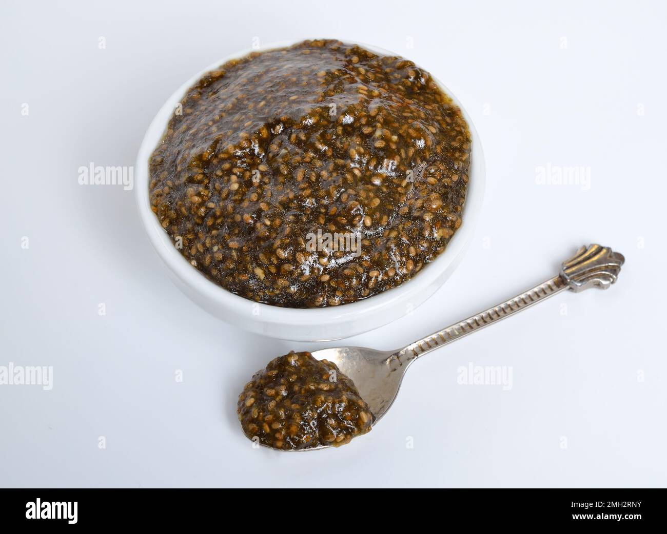 Chia seeds caviar with laminaria on white background Stock Photo Alamy