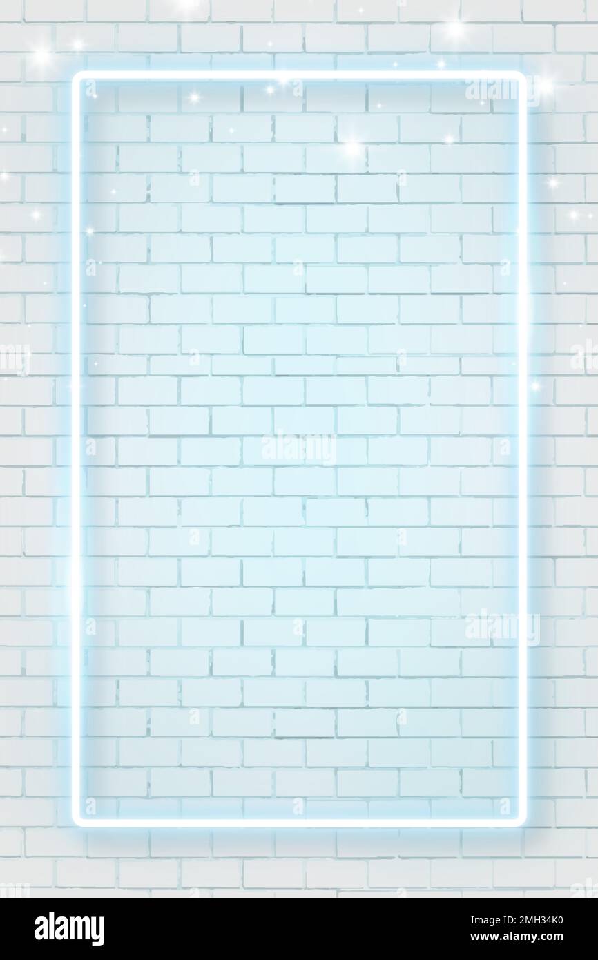 Blue neon frame on brick wall background vector Stock Vector