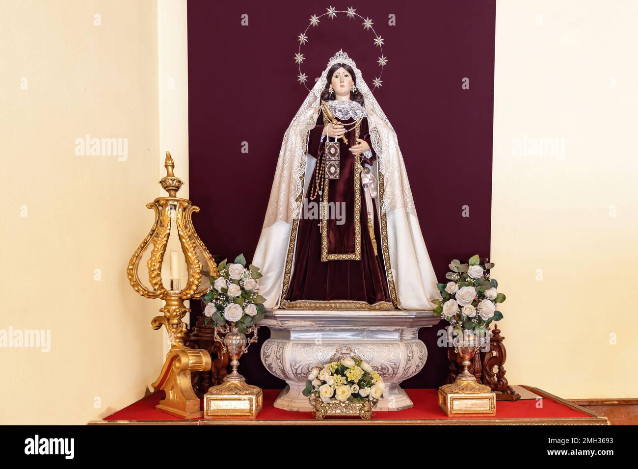 Image of the Virgen del Carmen, Virgin of Carmel, patron saint of sailors, inside of the Ermita de la  Soledad, hermitage of solitude, in Huelva, Spai Stock Photo