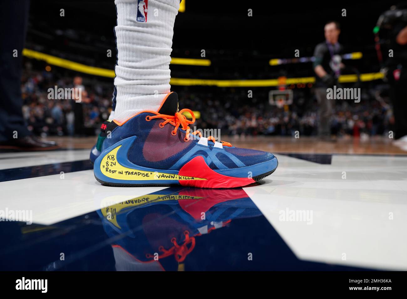 Utah Jazz guard Jordan Clarkson 00 wears a pairof Nike basktball shoes with a tribute to his former teammate Kobe Bryant on the swoosh in the first half of an NBA basketball