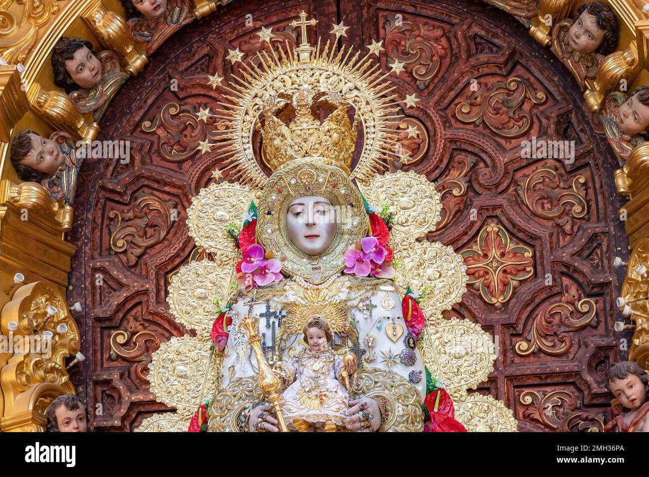 Image of the Virgen del Rocio, La Divina Pastora, The divine shepherdess,inside of the Ermita del Rocio, hermitage in Almonte, in Huelva, Spain Stock Photo