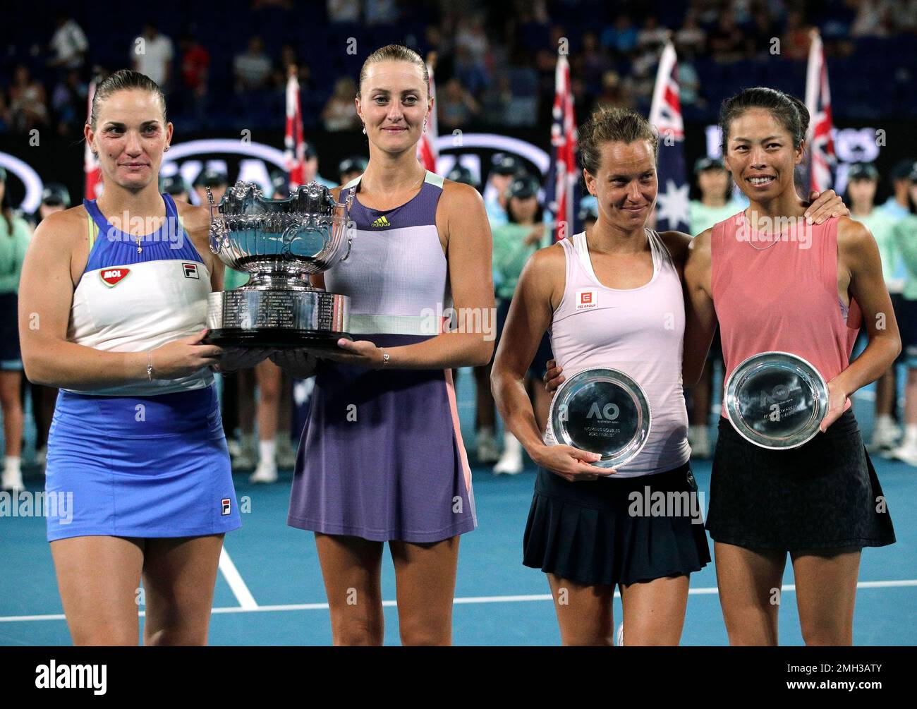 Hungary's Timea Babos, left, and France's Kristina Mladenovic, second