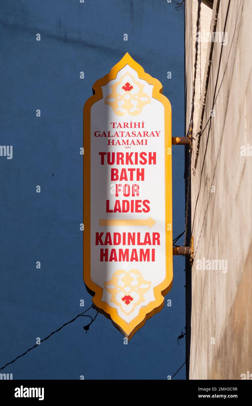 Tarihi Galatasaray Hamami (Turkish bath for ladies) sign - Istanbul, Turkey Stock Photo