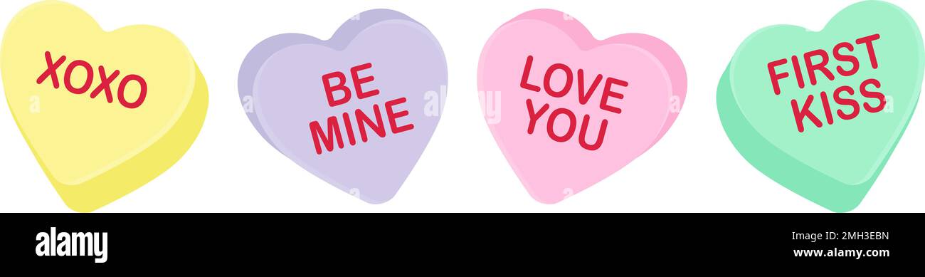 Candy heart sayings, sweethearts, valentines day sweets, sugar food message of love on seasonal holiday, hugs and kisses, be mine, valentine graphic Stock Photo