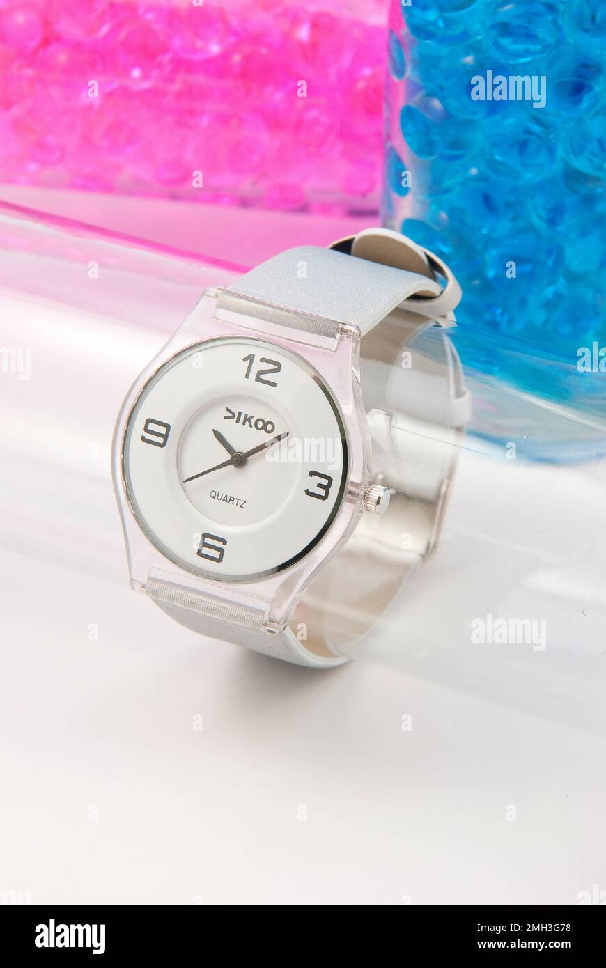Beautiful white analog wrist watch. Stock Photo