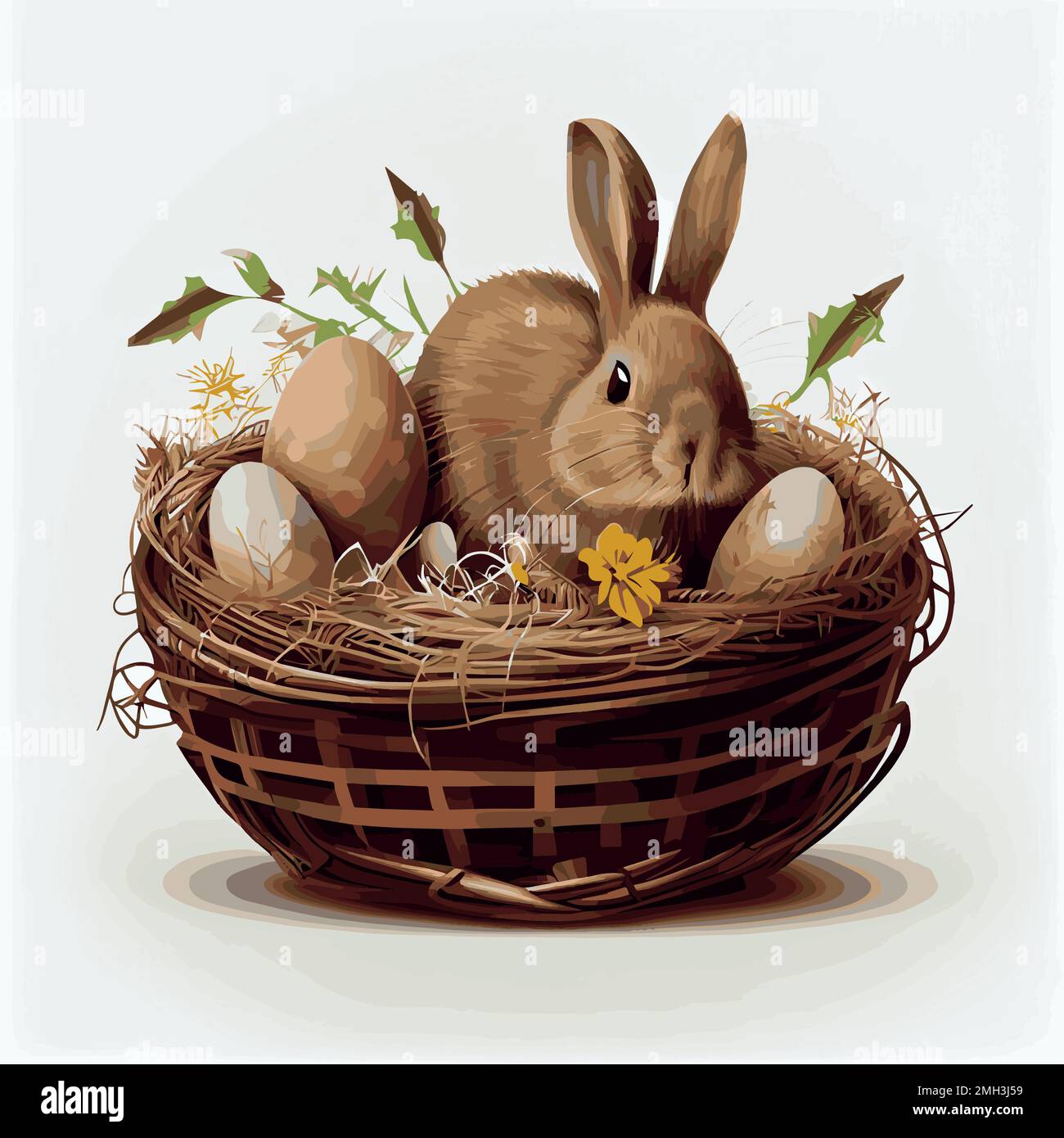 Festive basket with cute rabbit and easter orthodox eggs on a light ...