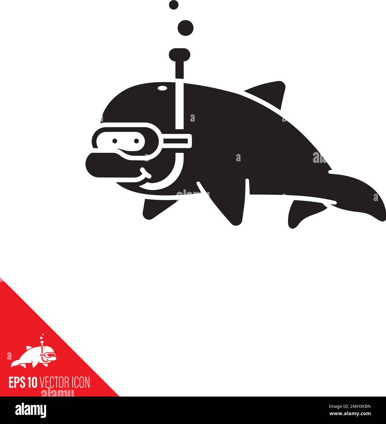 Funny Snorkeling Dolphin cartoon character vector glyph icon, Aquatic sports and underwater adventure symbol. Stock Vector