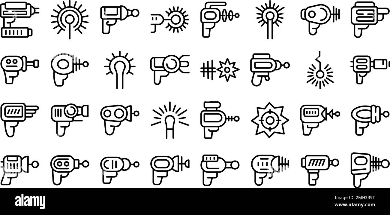 Laser gun beam icons set outline vector. Toy gun. Space alien Stock