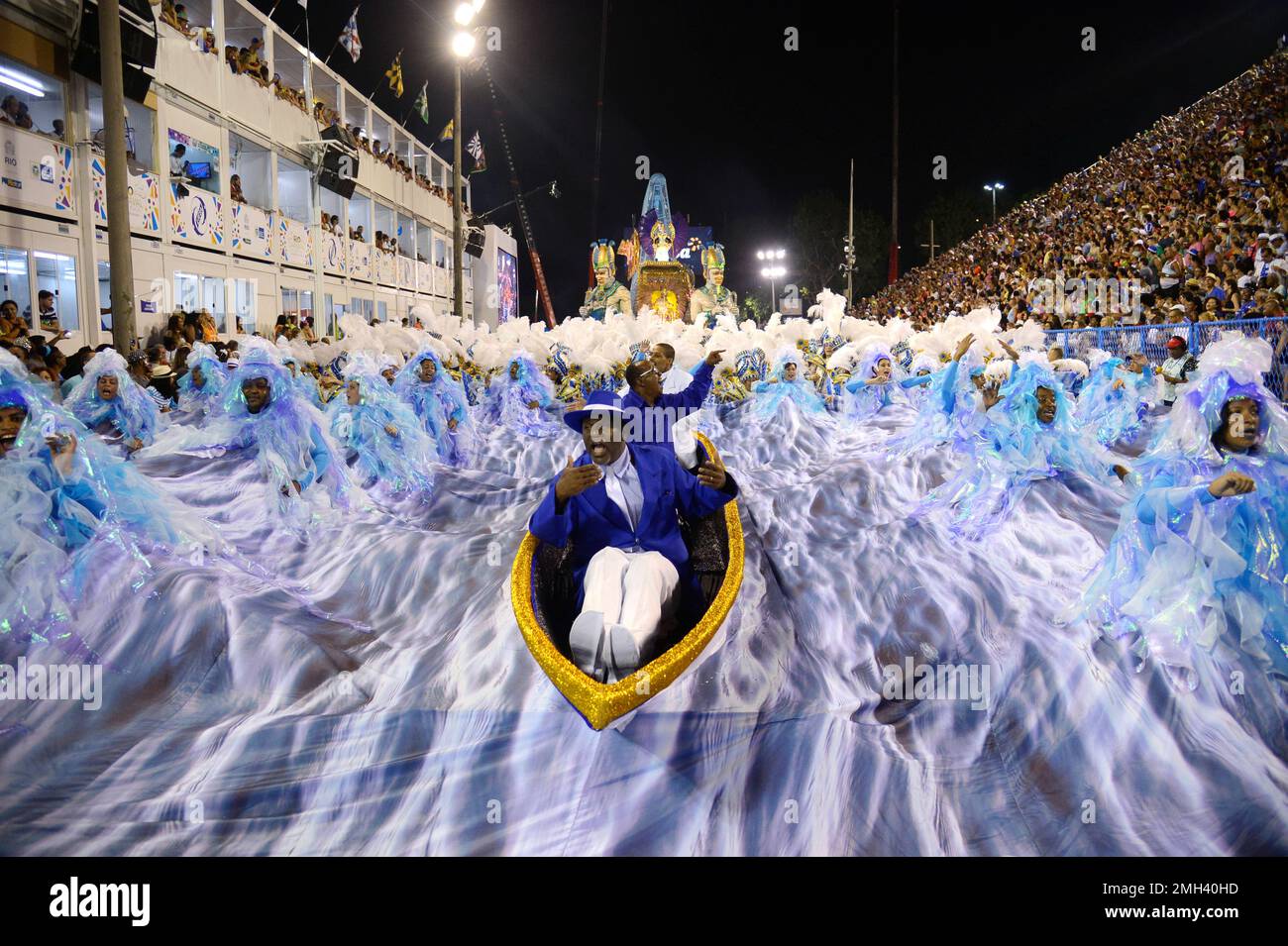 Rio de Janeiro Carnival Portela samba school parade. Revellers performing at Sambadrome Marques de Sapucai on colorful costumes for carnaval holiday Stock Photo