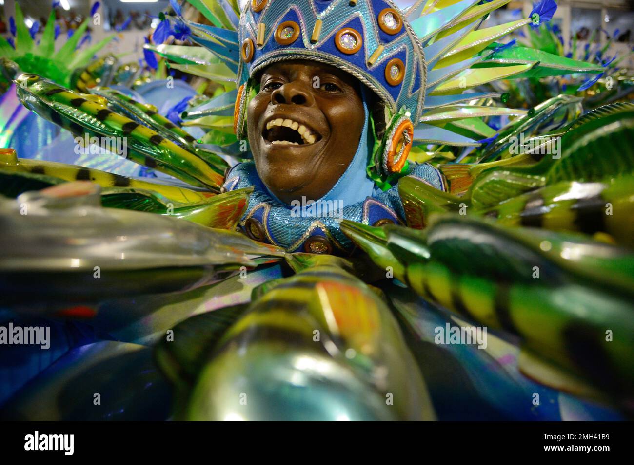 Rio de Janeiro Carnival Portela samba school parade. Revellers performing at Sambadrome Marques de Sapucai on colorful costumes for carnaval holiday Stock Photo