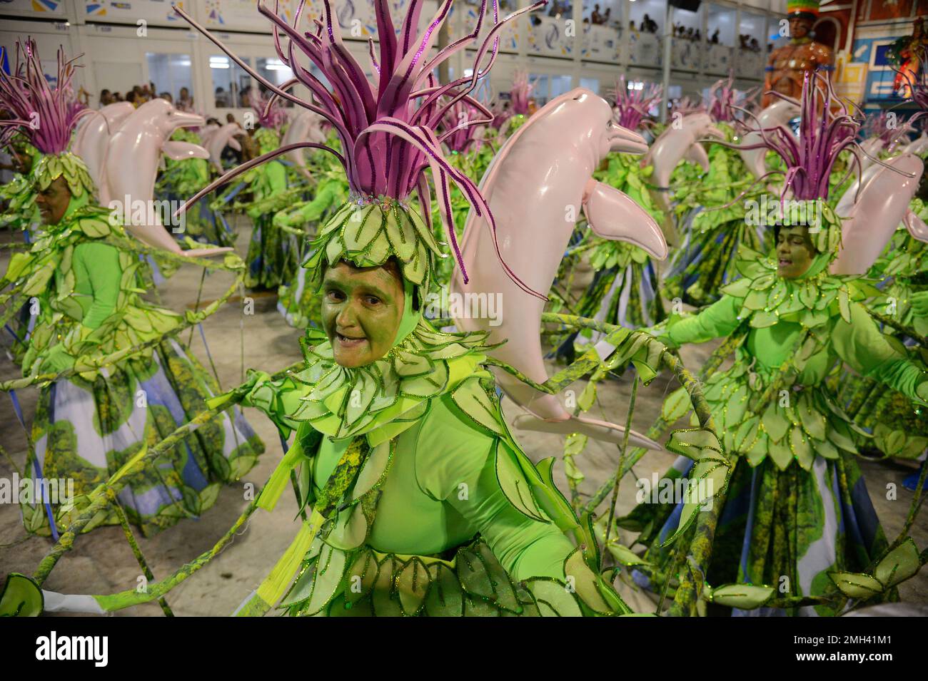 Rio de Janeiro Carnival Portela samba school parade. Revellers performing at Sambadrome Marques de Sapucai on colorful costumes for carnaval holiday Stock Photo