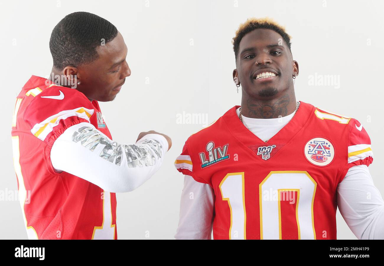 Kansas City Chiefs wide receivers Mecole Hardman and Tyreek Hill poses