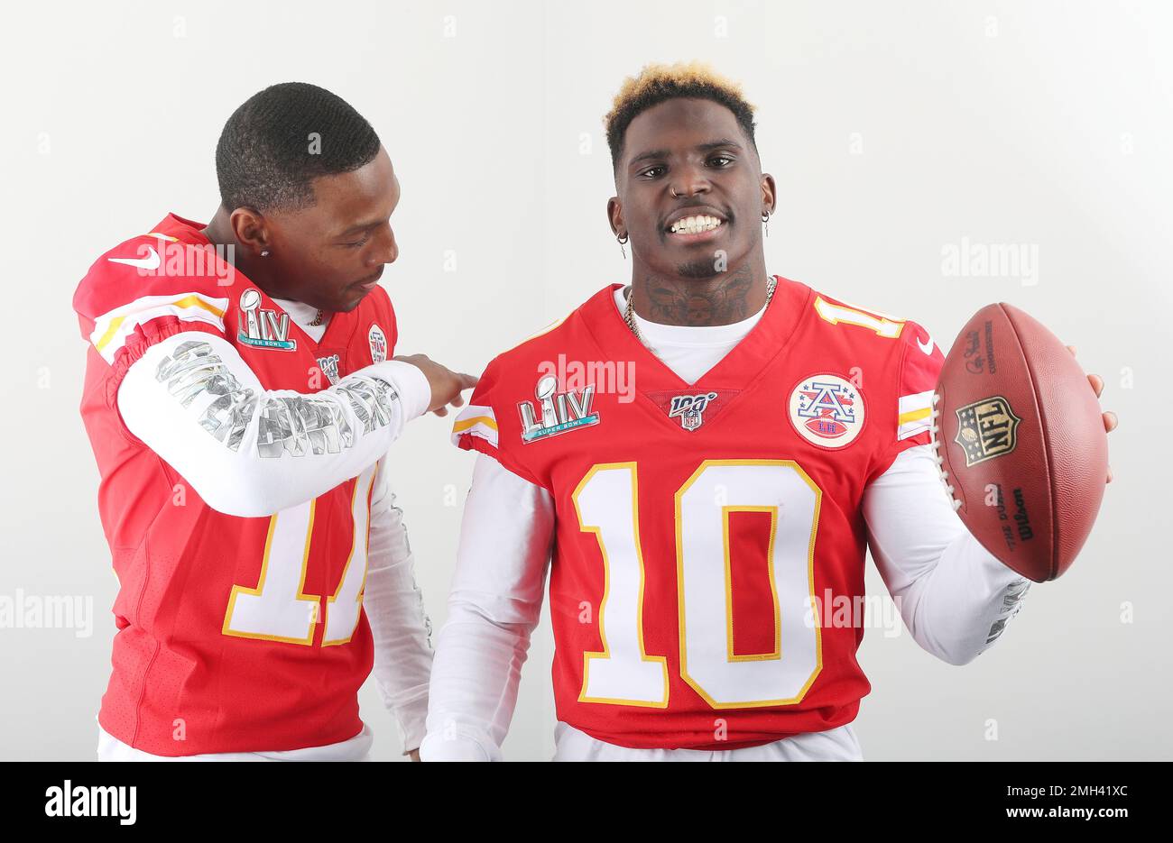 Kansas City Chiefs wide receivers Mecole Hardman and Tyreek Hill poses for a portrait at Super