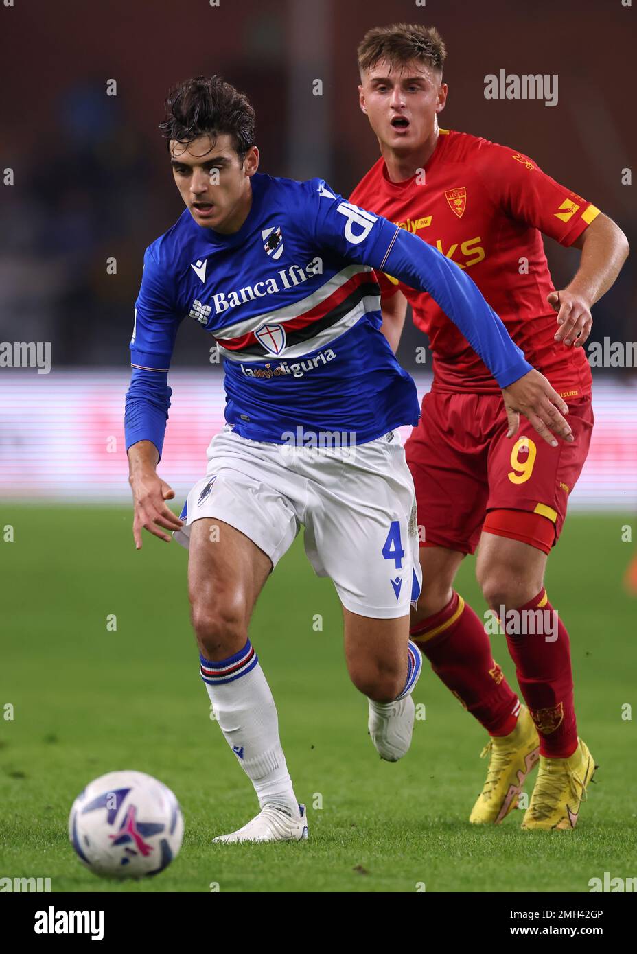 Genoa, Italy, 12th November 2022. Lorenzo Colombo of US Lecce looks on as Gonzalo Villar of UC Sampdoria breaks with the ball during the Serie A match at Luigi Ferraris, Genoa. Picture credit should read: Jonathan Moscrop / Sportimage Stock Photo