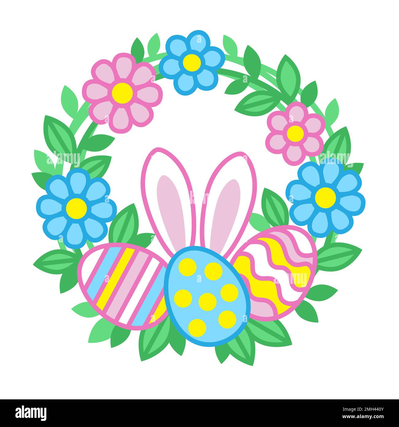Vector illustration of Easter greeting card. Wreath with Bunny, flowers ...