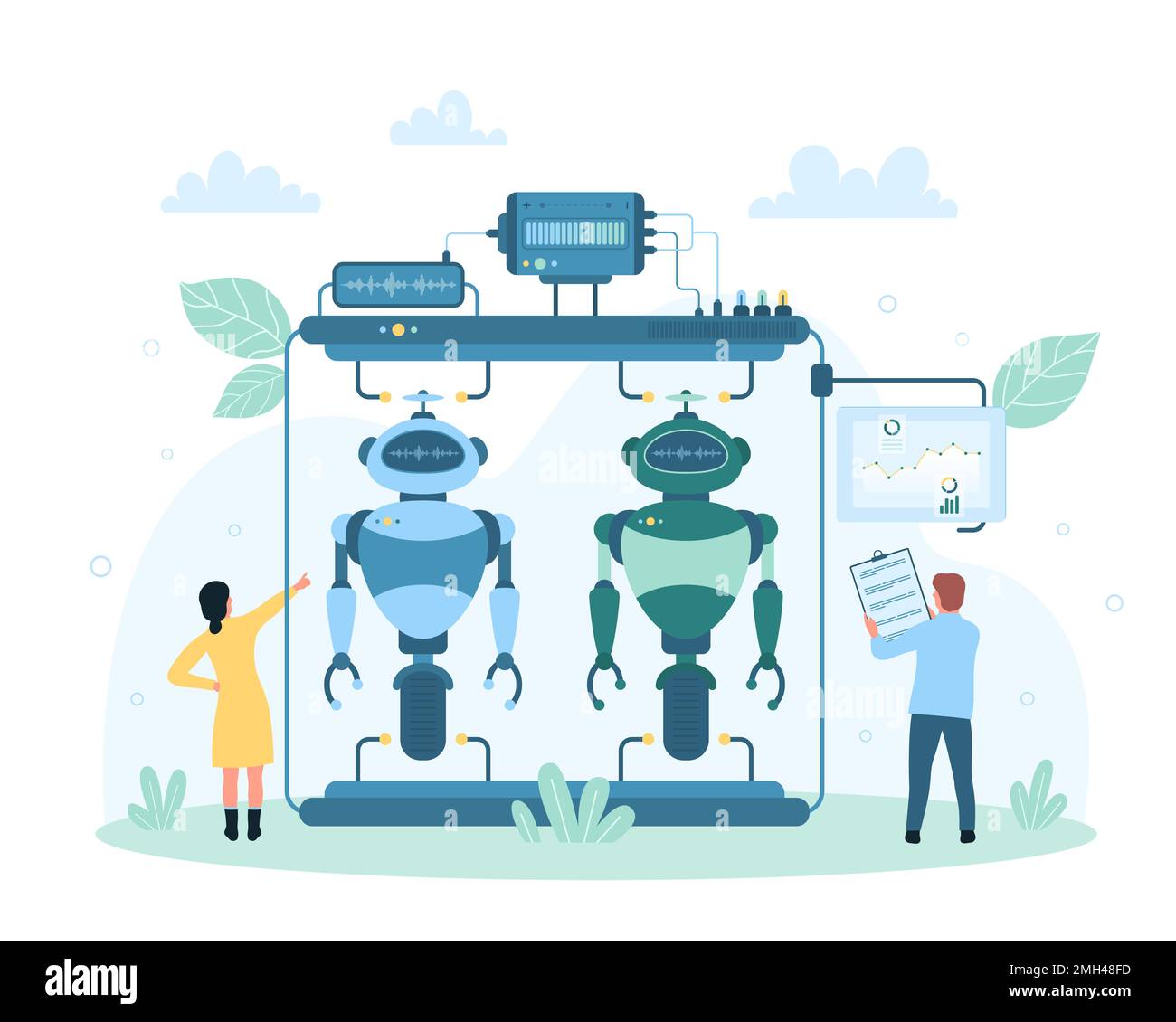 Robot programming, high tech industry vector illustration. Cartoon tiny engineers work with research electronic technology of AI brain, hardware and cyborgs in laboratory, future machine learning Stock Vector