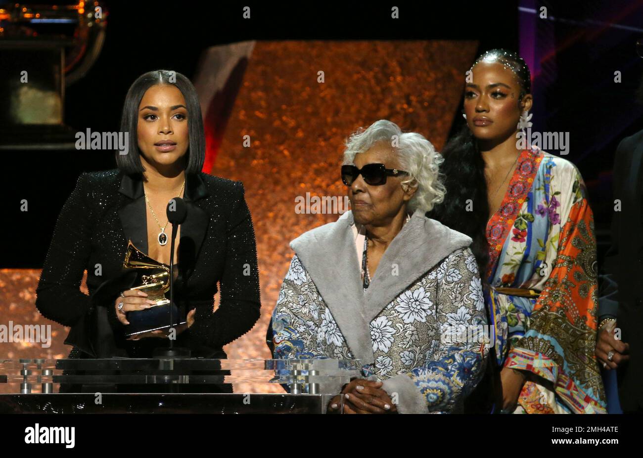 Lauren London, from left, Margaret Boutte, and Samantha Smith accept the award for best rap