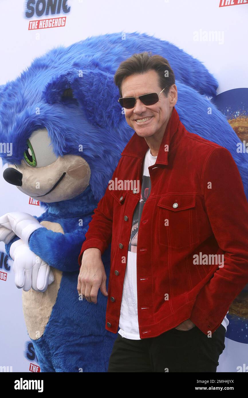 Sonic, left, and actor Jim Carrey arrive at the LA Premiere of "Sonic