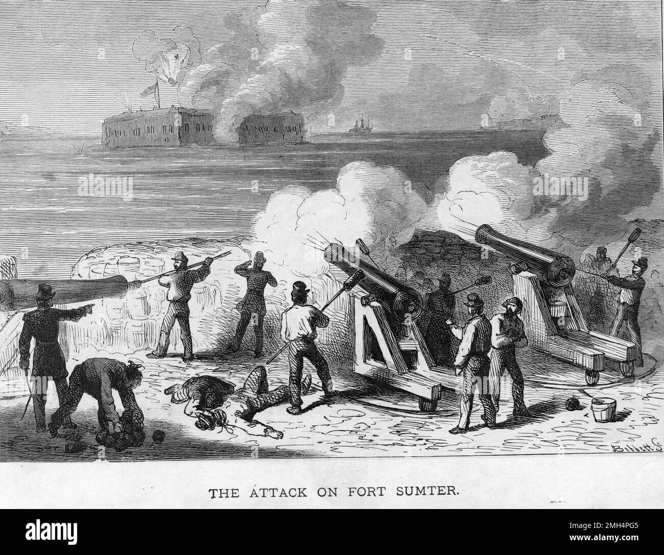 'The Attack on Fort Sumter.' Wood Engraving by Bobbett, 1861-1865. The Confederate bombardment and capture of Fort Sumter was the opening battle in the American Ciil War. Stock Photo