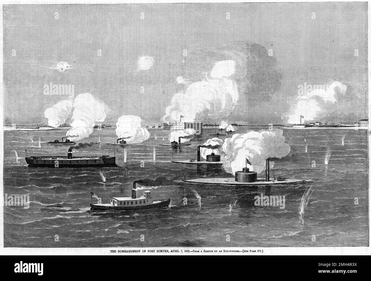 'The Bombardment Of Fort Sumter, April 7, 1863.' Wood Engraving by unknown, 1863. The Confederate bombardment and capture of Fort Sumter was the opening battle in the American Ciil War. Stock Photo