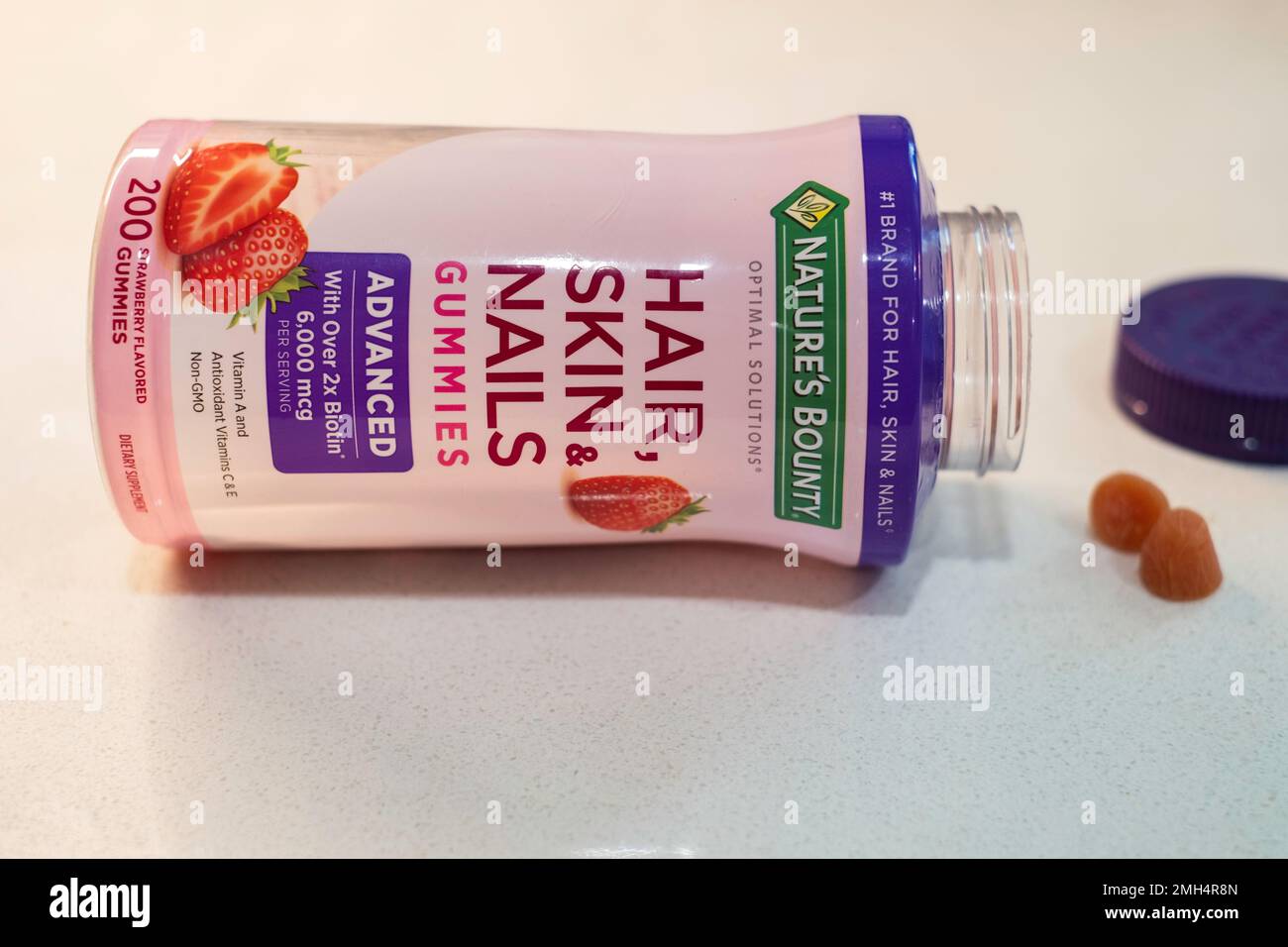 Nature's Bounty brand of strawberry-flavored gummy vitamins for hair, skin & nails. USA. Stock Photo