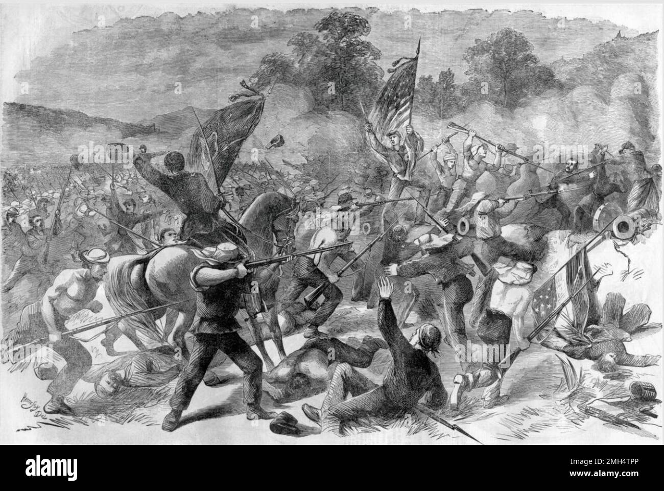 This image shows a charge of the Sixty-Ninth Regiment, New York State Militia, Upon A Rebel Battery At the Battle of Bull Run. The First Battle of Bull Run (the name used by Union forces), also known as the Battle of First Manassas was the first major battle between the Unionist and Confederate forces during the American Civil War. It was fought on July 21, 1861 in West Virginia. It was won by the Confederate forces under Joseph Johnston and PGT Beauregard. It was at this battle that Thomas Jackson earnt his well known (and excellent) nickname Stonewall Kackson. Stock Photo