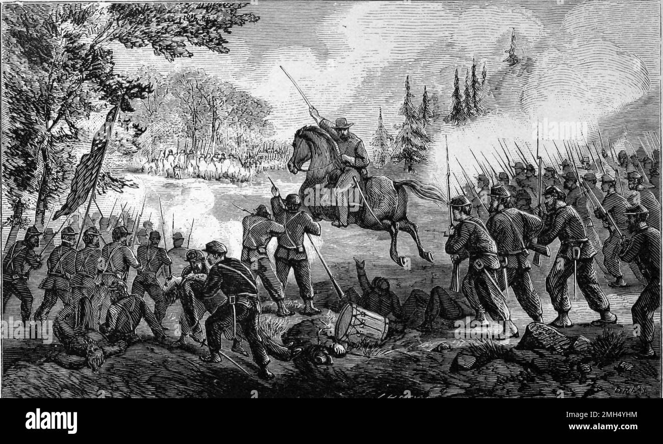 The Battle of Wilson's Creek, also known as the Battle of Oak Hills, was a major battle in the early months of the American Civil War, taking place on the 10th August 1861. The Unionist forces under Nathaniel Lyon and Samuel D. Sturgis lost to Confederates under Sterling Price and Benjamin McCulloch. General Lyon was killed during the fight. his image shows General Lyon leading a cavalry charge. Stock Photo