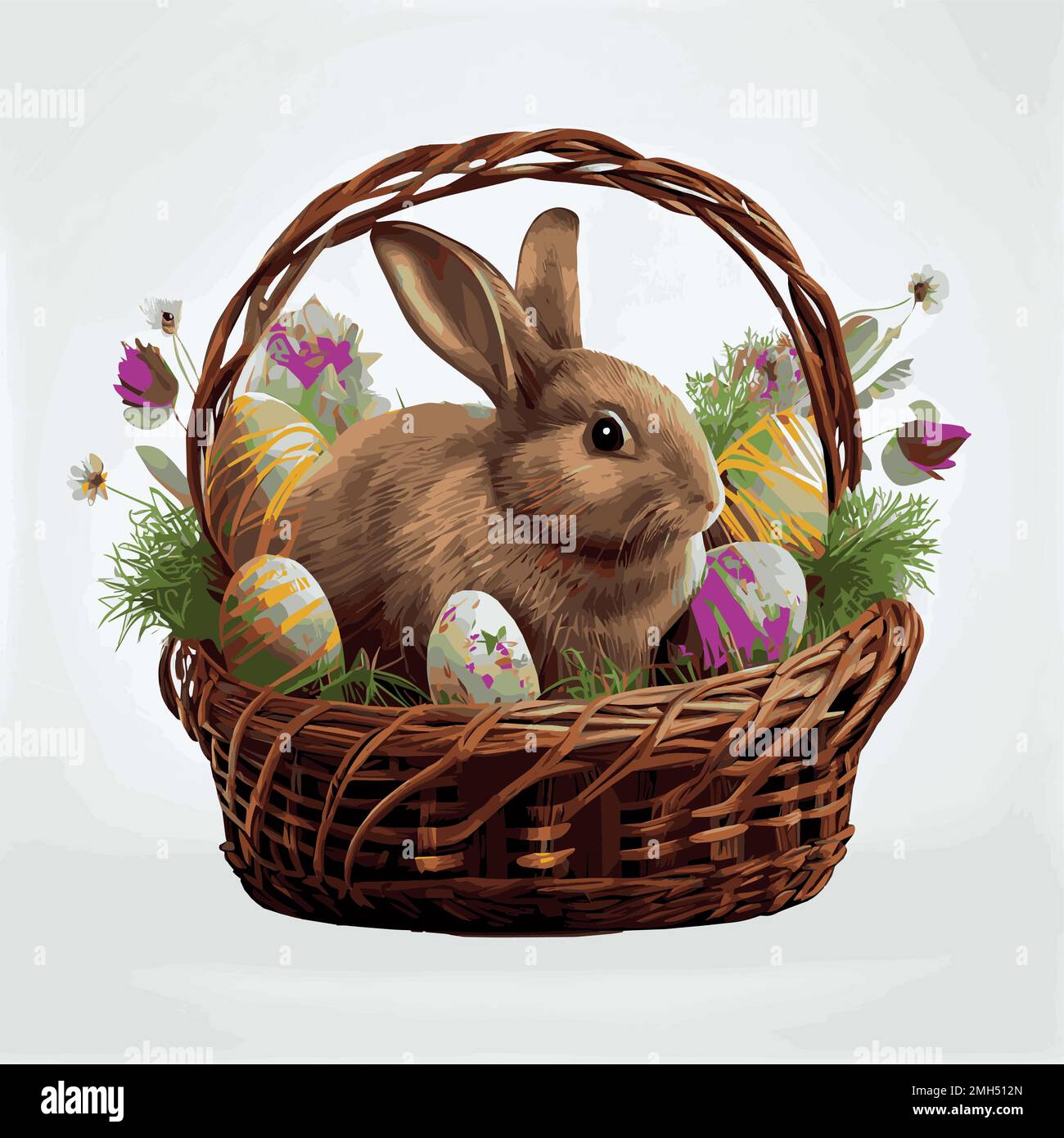 Festive basket with cute rabbit and easter orthodox eggs on a light ...