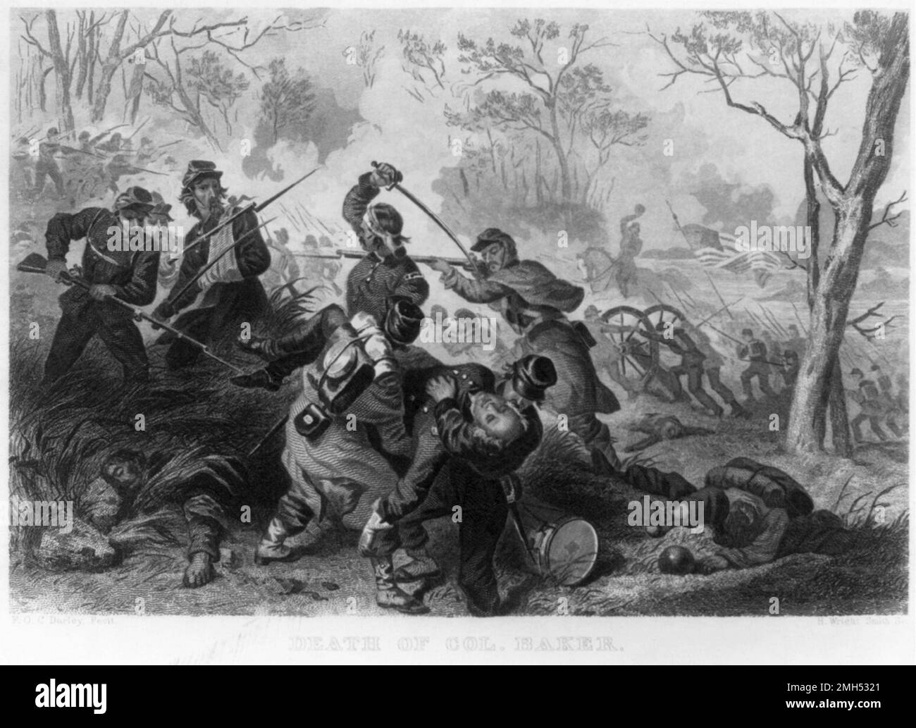 he Battle of Ball's Bluff was a battle in the American Civil War fought on October 21st 1861. It was won by the Confederate forces under General Nathan Evans and the Unionist senator,who was fighting as a colonel, was killed in the action. This painting depicts the death of Colonel Baker. Stock Photo