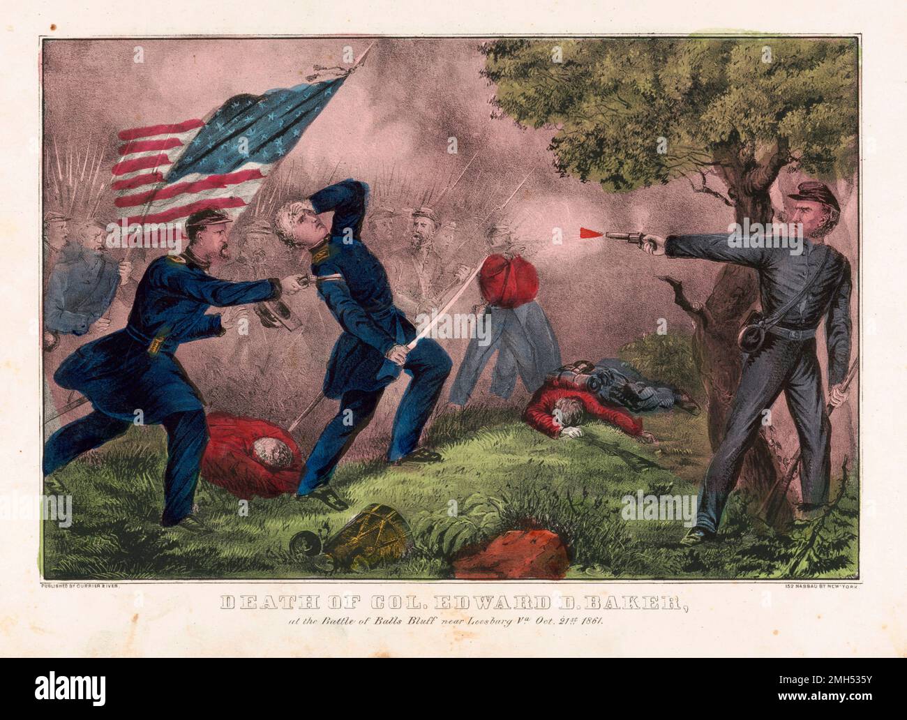 The Battle of Ball's Bluff was a battle in the American Civil War fought on October 21st 1861. It was won by the Confederate forces under General Nathan Evans and the Unionist senator,who was fighting as a colonel, was killed in the action. This painting depicts the death of Colonel Baker. Stock Photo