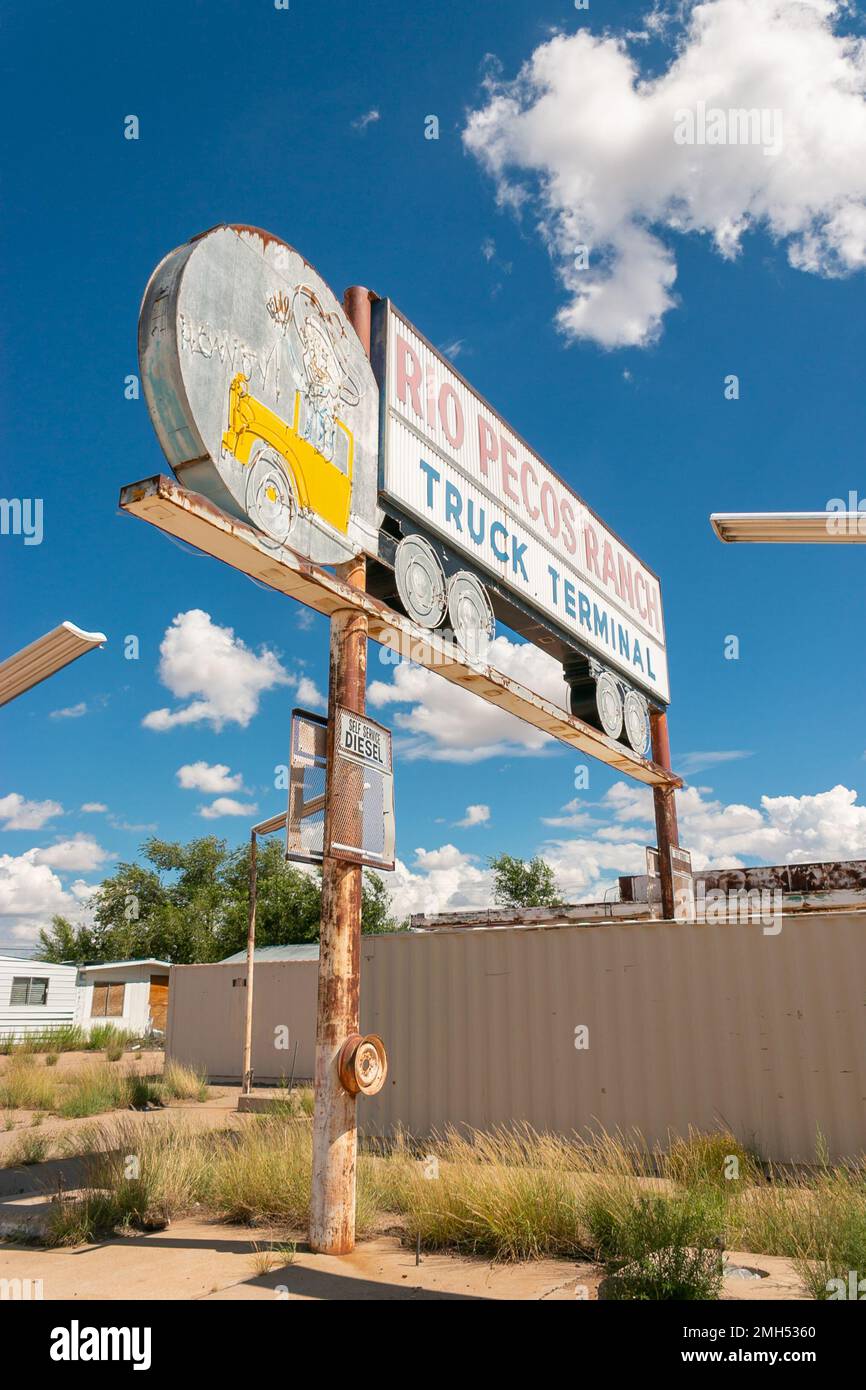 abandoned vintage sign and building, Rio Pecos Ranch Truck Terminal on