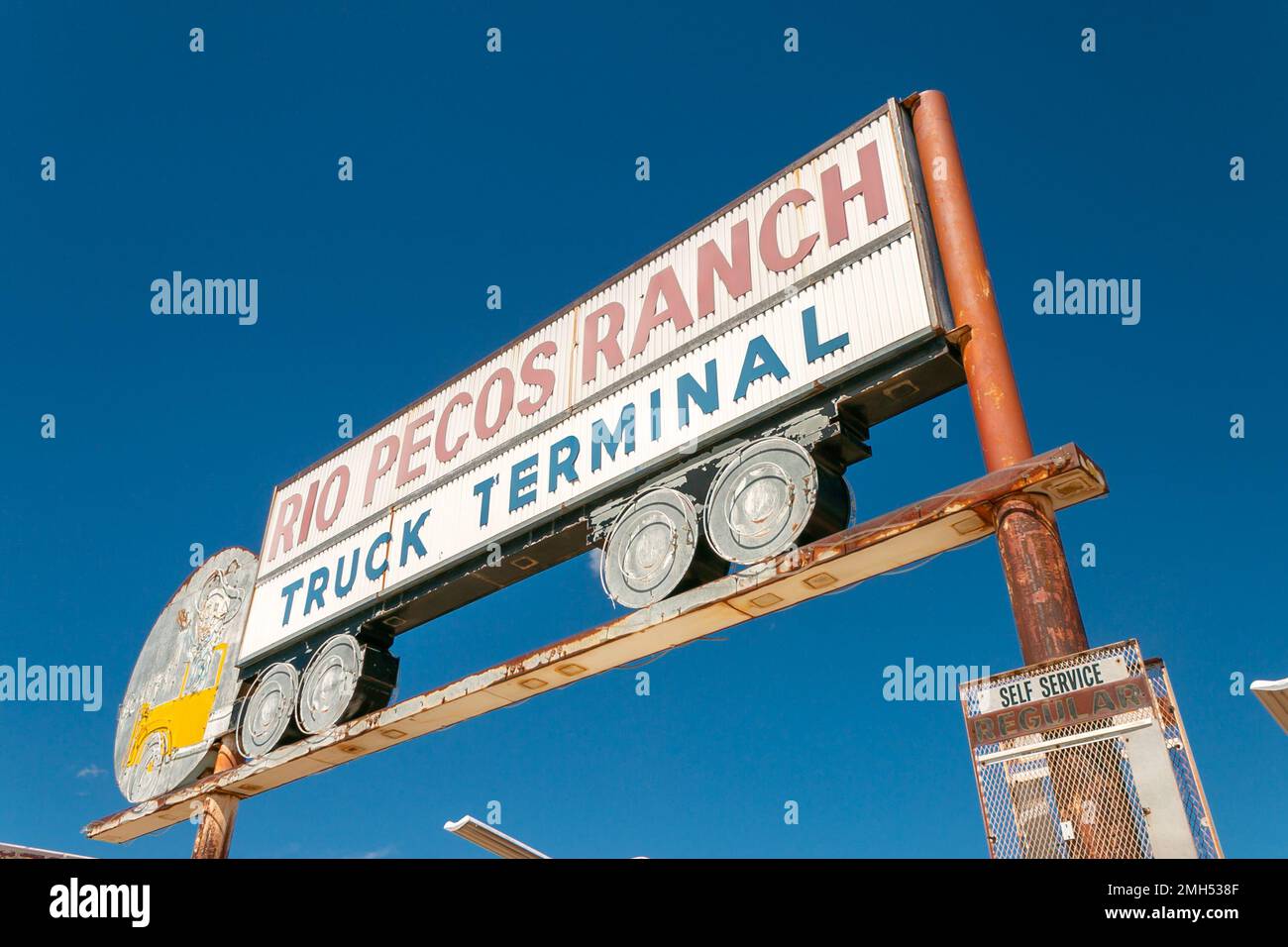 abandoned vintage sign and building, Rio Pecos Ranch Truck Terminal on