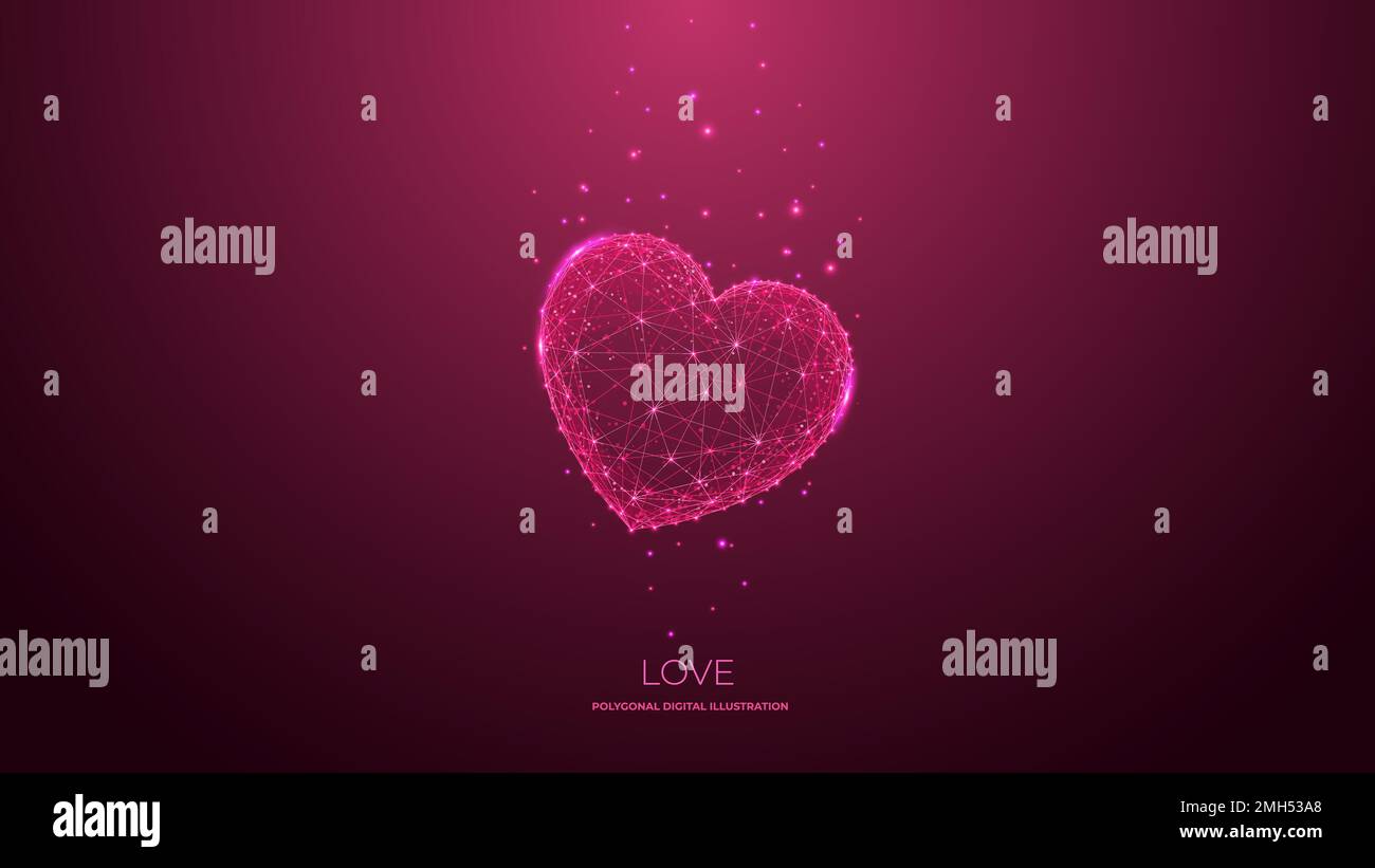 Polygonal heart on dark red background. Low poly wireframe love concept Stock Vector