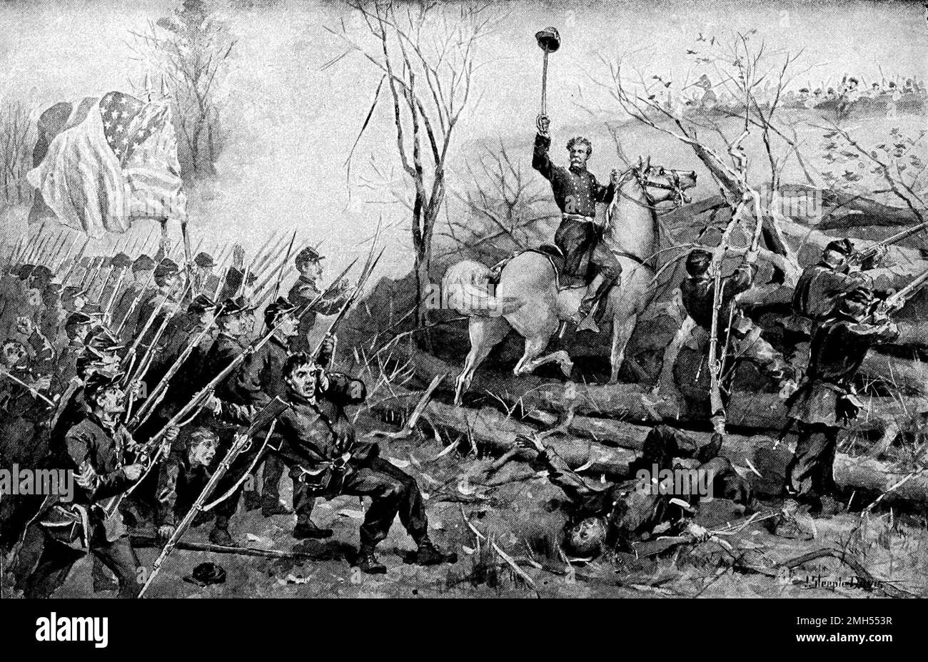 The Battle of Fort Donelson was a battle in the American Civil War fought on 11-12th February 1862 in Kentucky. It was an Unionist amphibious assault on Fort Donelson under the command of Ulysses Grant, and it was a Unionist victory as the fort was captured. The image depicts General Charles Smith on horseback leading his troops. Stock Photo