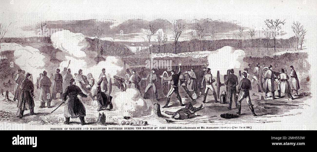 The Battle of Fort Donelson was a battle in the American Civil War fought on 11-12th February 1862 in Kentucky. It was an Unionist amphibious assault on Fort Donelson under the command of Ulysses Grant, and it was a Unionist victory as the fort was captured. The image depicts gun batteries firing during the battle. Stock Photo