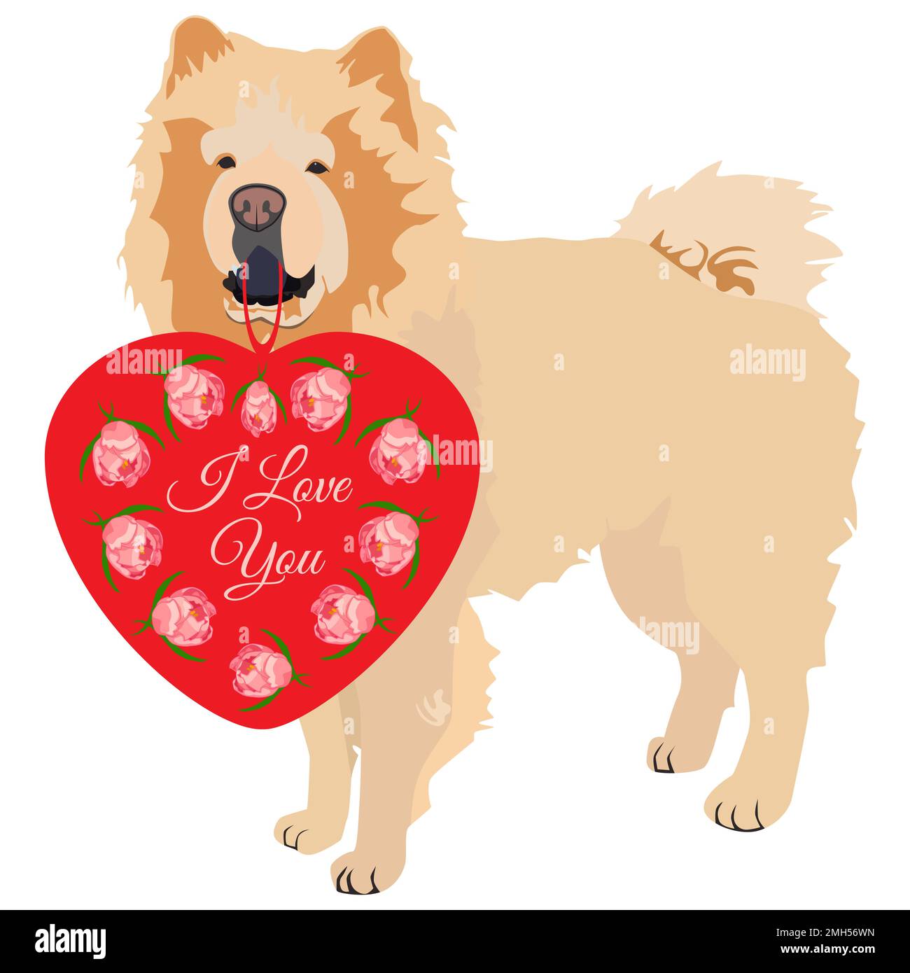 Cute Chow chow pet dog with red heart for Valentines Day card, vector Stock Vector
